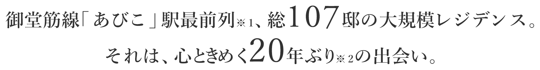 御堂筋線「あびこ」駅最前列※1、総107邸の大規模レジデンス。それは、心ときめく20年ぶり※2の出会い。