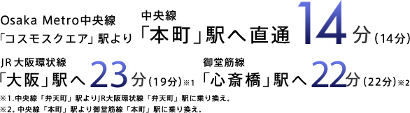 Osaka Metro中央線「コスモスクエア」駅より中央線「本町」駅へ直通14分（14分）JR大阪環状線「大阪」駅へ22分（22分）※1 御堂筋線「心斎橋」駅へ22分（24分）※2 ※1.中央線「弁天町」駅よりJR大阪環状線「弁天町」駅で乗り換え ※2.中央線「本町」駅より御堂筋線「本町」駅に乗り換え。