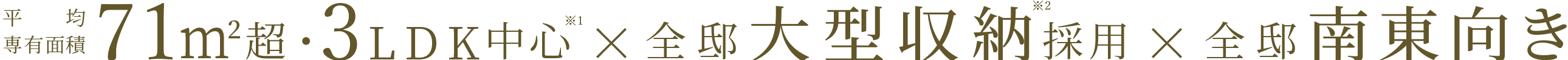 平均専有面積 71m2超・3LDK中心 × 全邸大型収納採用 × 全邸南東向き