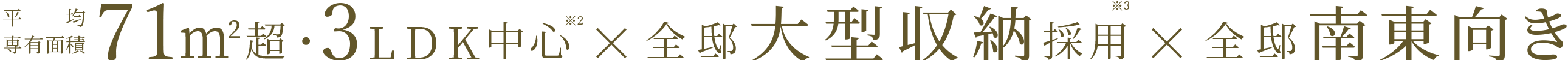 平均専有面積 71m2超・3LDK中心 × 全邸大型収納採用 ×  全邸南東向き
